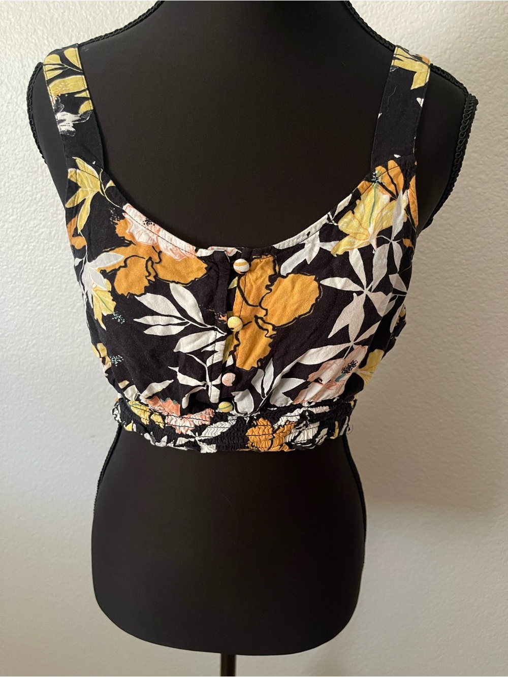 Roxy Black Floral Button-Front Crop Top with Yellow Accents